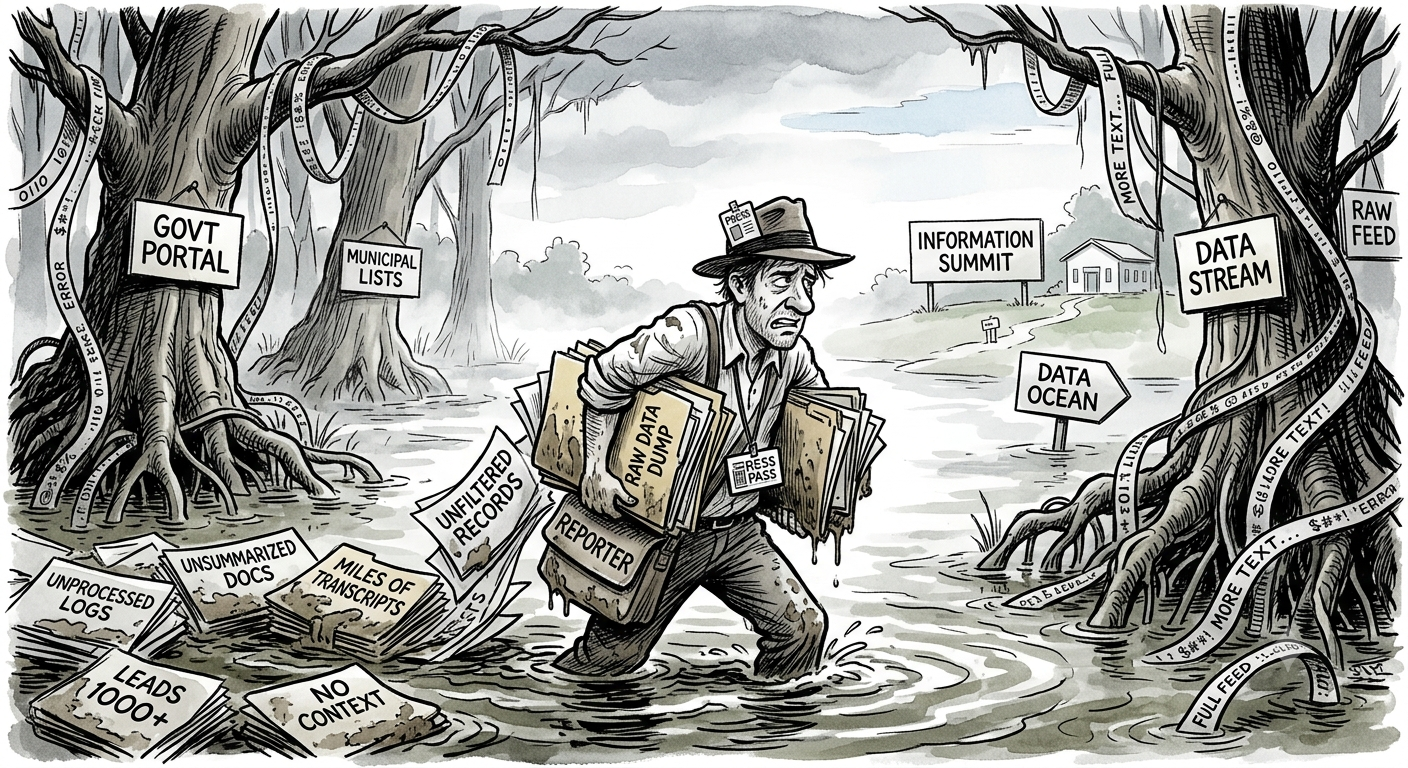 A business report, anthropomorphized as a press reporter, slowed by a swamp of raw data.